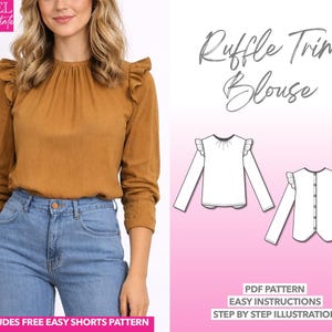 Long Sleeve Blouse Sewing Pattern Ruffle Trim Sewing Pattern Button Back Blouse Women Top Sewing Frill Blouse Fancy Blouse Extravagant Shirt
