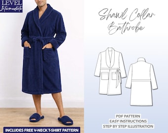 Mens Bathrobe Sewing Pattern PDF Beginner Sewing Pattern Shawl Collar Bathrobe Easy Robe Pattern for Men Loungewear Bath Robe Terrycloth