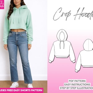 Crop Hoodie Schnittmuster: Damen Sweatshirt mit tiefer Schulter (PDF-Muster XS-XXXL)