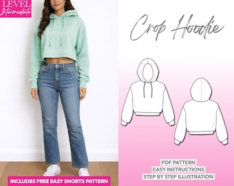 Crop Hoodie Sewing Pattern: Women's Drop Shoulder Sweatshirt (PDF Pattern XS-XXXL)