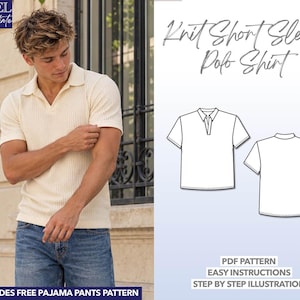 May include: A cream-coloured short-sleeve knit polo shirt with a collar and V-neckline. The image includes text reading Level Intermediate, Knit Short Sleeve Polo Shirt, PDF Pattern, Easy Instructions, Step by Step Illustration, and Includes Free Pajama Pants Pattern.