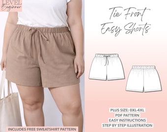 Plus Size Sewing Pattern Tie Front Easy Shorts PDF Pattern Women Shorts Beginner Friendly Shorts Pattern Drawstring Shorts Sewing Pattern