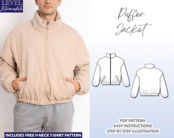 Mens Puffer Jacket Sewing Pattern Easy Men Sewing Pattern Zip Up Jacket PDF Pattern Outerwear Sewing Pattern Down Coat Pattern for Beginners