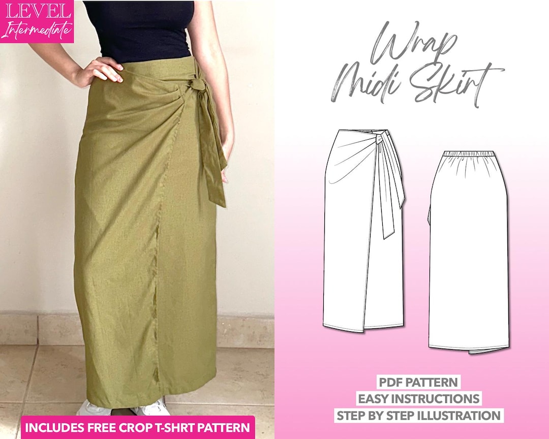 Skirt Sewing Pattern Wrap Side Tie Midi Skirt PDF Pattern Wrap Skirt