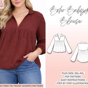 Plus Size Blouse Sewing Pattern V-Neck Blouse PDF Pattern Women Top Sewing Pattern Boho Blouse Pattern Long Sleeve Top Pattern Larger Women