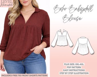 Plus Size Blouse Sewing Pattern V-Neck Blouse PDF Pattern Women Top Sewing Pattern Boho Blouse Pattern Long Sleeve Top Pattern Larger Women