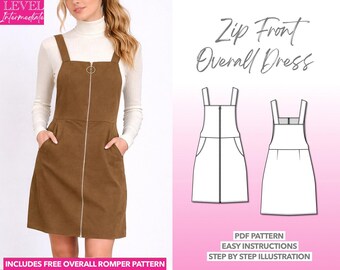 Chic Mini Dress Sewing Pattern Overall Dress PDF Pattern for Women Fall Mini Dress Pattern Zip Up Dress Pattern with Pockets Pinafore Dress