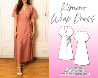 Dress Sewing Pattern Kimono Sleeve Dress Pattern Women Dress Sewing Pattern Long Dress PDF Pattern Wrap Dress Sewing Pattern Linen Dress