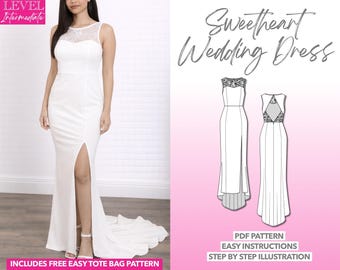 Patrón de costura para vestido de novia con escote corazón y espalda descubierta (PDF): XS-XXXL + Bolsa de regalo