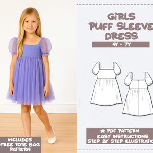 Patrón de costura para vestido de niña con mangas abullonadas y escote cuadrado (patrón PDF)