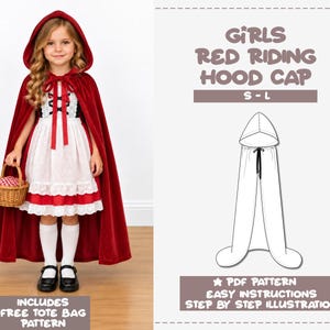 May include: A sewing pattern for a Girls Red Riding Hood Cap in sizes S-L. The document includes a PDF pattern, easy instructions, and step-by-step illustrations. A separate section notes that the purchase includes a free tote bag pattern.