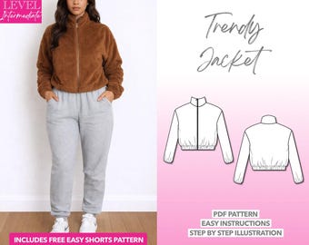 Bomber Crop Jacket Sewing Pattern: PDF Download (XS-XXXL) + Bonus Shorts Pattern