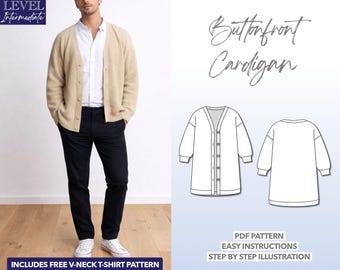 Men's Button Front Cardigan Sewing Pattern: Oversized Fit (PDF Pattern)