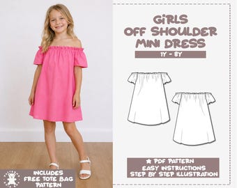 Girls Off Shoulder Dress Pattern, Mini Dress Sewing Pattern, Elastic Dress Girls, Strapless Dress, Girls Sewing Pattern, PDF Pattern, 1Y-8Y