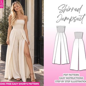 Split Thigh Jumpsuit Sewing Pattern, Tube Jumpsuit Sewing Pattern, Shirred Jumpsuit PDF Pattern, Jumpsuit Pattern Women, Playsuit Pattern