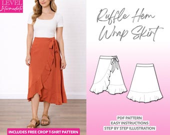 Ruffle Hem Wrap Midi Skirt Sewing Pattern (PDF Download, XS-XXXL)