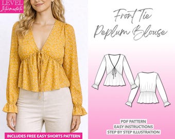 Peplum Blouse PDF Pattern Women Sewing Pattern Blouse Pattern PDF Boho Top Sewing Pattern Front Tie Blouse Plunging Neckline Ruffle Blouse