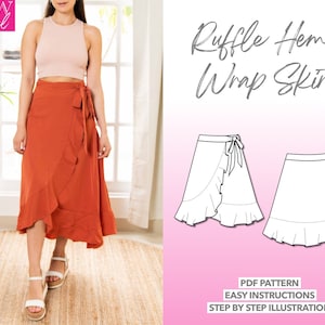 Skirt Sewing Pattern Ruffle Hem Wrap Midi Skirt Pattern Women Skirt Sewing Pattern Wrap Skirt PDF Pattern Easy Long Skirt Sewing Pattern