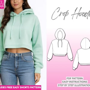 Crop Hoodie Sewing Pattern Beginner Women Sewing Pattern Easy Sweatshirt PDF Pattern Drop Shoulder Hoodie Crop Top Pattern Short Sweatshirt