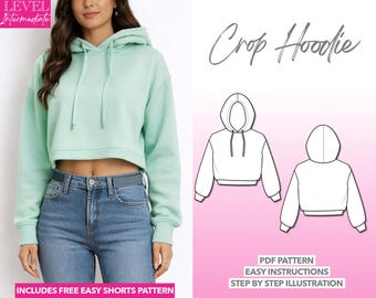 Crop Hoodie Sewing Pattern Beginner Women Sewing Pattern Easy Sweatshirt PDF Pattern Drop Shoulder Hoodie Crop Top Pattern Short Sweatshirt