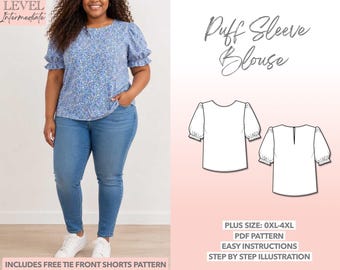 Patrón de costura en PDF para blusa de tallas grandes con mangas abullonadas (0XL–4XL)