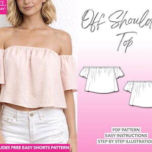 Patrón de costura para top con hombros descubiertos, top sencillo, patrón en PDF, top de verano, patrón de costura fácil, patrón de top corto, patrón de top para mujer, patrón para principiantes en costura.