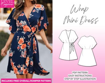 Dress Sewing Pattern Kimono Sleeve Dress Pattern Wrap Dress Pattern Mini Dress Pattern Women Dress Sewing Pattern Short Dress PDF Pattern