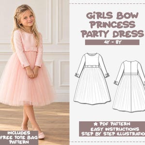 Może przedstawiać: Jasnoróżowa sukienka z długim rękawem, tiulową spódnicą i kokardą w talii. Obraz zawiera tekst GIRLS BOW PRINCESS PARTY DRESS 4Y - 8Y, PDF PATTERN, EASY INSTRUCTIONS, STEP BY STEP ILLUSTRATION oraz INCLUDES FREE TOTE BAG PATTERN.