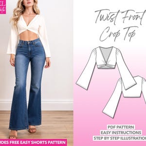 Twist Front Bell Sleeve Crop Top Sewing Pattern (PDF Download, XS-XXXL) - Bonus Shorts Pattern