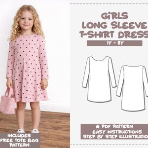 Puede incluir: Una niña con un vestido rosa de manga larga con estampado de corazones, sosteniendo una bolsa tote rosa. El texto en la imagen dice: "GIRLS LONG SLEEVE T-SHIRT DRESS 1Y-8Y" y "PDF PATTERN EASY INSTRUCTIONS STEP BY STEP ILLUSTRATION".