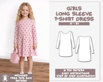 Girls Long Sleeve T-Shirt Dress PDF Sewing Pattern – PDF Download (1Y–8Y)