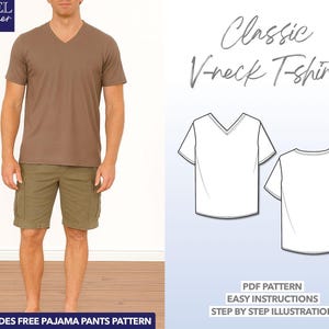 以下が含まれることがあります： 茶色のVネックTシャツとオリーブグリーンのカーゴショーツを着た人。画像には、クラシックなVネックTシャツの図と、「Classic V-neck T-shirt」と「Includes Free Pajama Pants Pattern」というテキストが含まれています。