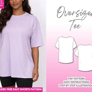 Mönster för överdimensionerad t-shirt Mönster för lång t-shirt Dammönster Skjorta med nedsänkt axel Nybörjarmönster Enkelt PDF-mönster för nybörjare