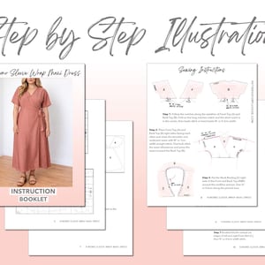 Plus Size Kimono Sleeve Wrap Maxi Dress sewing pattern instruction booklet showing step by step illustrations to make the garment.
