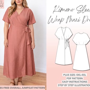 Patrón de costura para vestido largo cruzado con mangas de kimono en tallas grandes (patrón PDF)