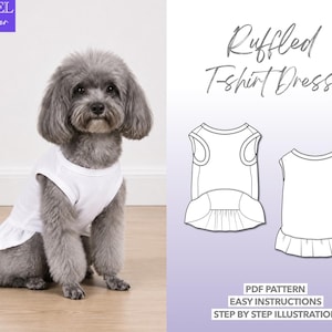 Pode incluir: Um cão cinzento a usar um vestido de t-shirt branco sem mangas com bainha com folhos. A imagem inclui um desenho técnico da peça, o texto Level Beginner, Ruffled T-Shirt Dress, PDF Pattern, Easy Instructions e Step By Step Illustration.