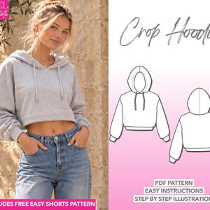 Crop Hoodie Sewing Pattern Beginner Women Sewing Pattern Easy Sweatshirt PDF Pattern Drop Shoulder Hoodie Crop Top Pattern Short Sweatshirt