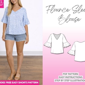 Volant Ärmel Bluse Schnittmuster: Frauen Top (PDF Muster XS-XXXL)