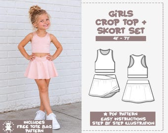Girls Crop Top & Skort Sewing Pattern PDF (Sizes 4Y-7Y) + Bonus Tote Bag