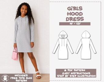 Girls Hood Long Sleeve Knit Mini Dress PDF Sewing Pattern – PDF Download (4Y–12Y)