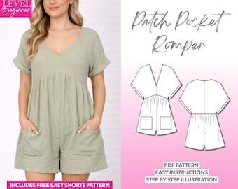 Batwing Sleeve Romper Sewing Pattern Patch Pocket Playsuit Women Plunging Neckline Romper V-Neck Romper Romper with Pockets Casual Clothing