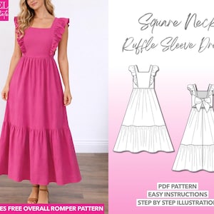 Patrón de costura para vestido largo con mangas con volantes: escote cuadrado (patrón PDF)
