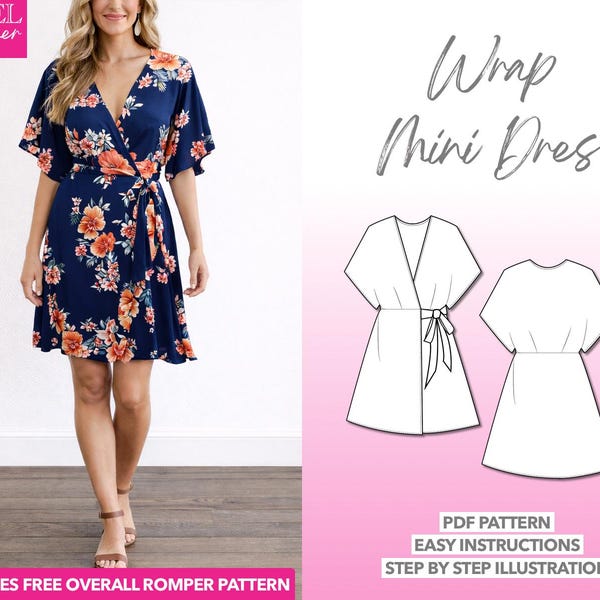 Kimono Sleeve Wrap Mini Dress Sewing Pattern (PDF Download XS-XXXL)