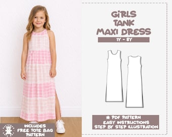 Mädchen-Tankkleid-Schnittmuster, Einfaches Mädchenkleid-Schnittmuster, Kleid-Schnittmuster mit Schlitzsaum, Strickkleid-Schnittmuster, Midikleid, Kleid für Anfänger, Kinder-PDF-Schnittmuster