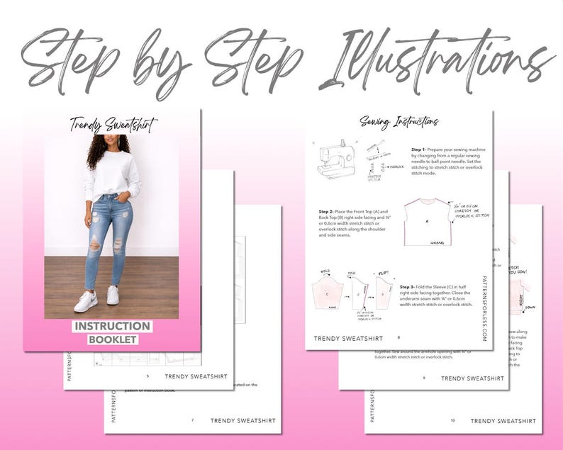 Classic Sweatshirt sewing pattern instruction booklet showing step by step illustrations to make the garment.