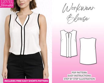 Sleeveless Blouse Sewing Pattern Contrast Binding Sleeveless Top Pattern Business Blouse Pattern Women Workwear Blouse Office Wear Tops Chic