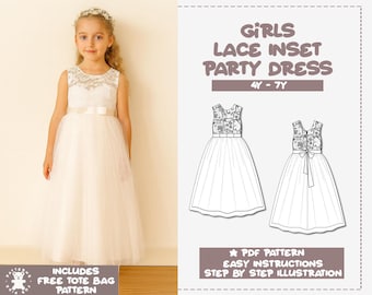 Girls Lace Inset Party Dress Sewing Pattern (PDF Pattern)