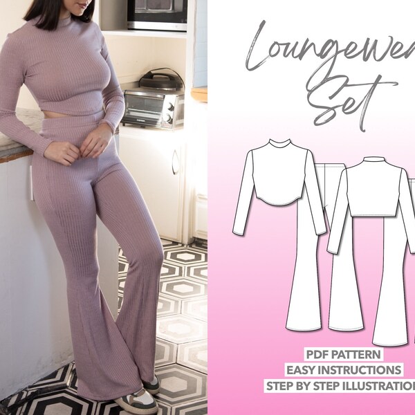 Loungewear Set Sewing Pattern Crop Top Pattern Knit Leggings Sewing Pattern Women Sewing Pattern Top and Pants PDF Pattern