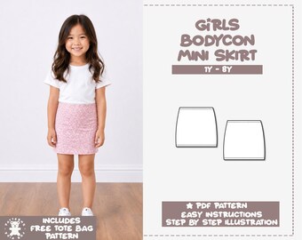 Patrón de costura para minifalda de niña, 1Y–8Y, Patrón de costura para niñas, Patrón de falda fácil, Patrón PDF para principiantes, Falda ajustada, Patrón de falda de punto