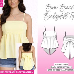 Bow Back Top Sewing Pattern Babydoll Top Cami Top PDF Pattern Camisole Pattern Bow Tie Tunic Top Peplum Top Ruffle Top Sleeveless Top Women